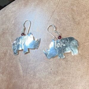 925 & Pinkish Red Bead Rhinoceros Themed Earrings Shepherd Hook Closure Vintage